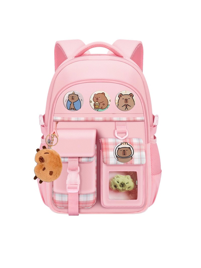 DHUENIOPE Capybara Backpack Cartoon backpack with Cute Pin Accessories Capybara Plush and Keychain Laptop Bag Casual Daypacks (PINK) - Image 1