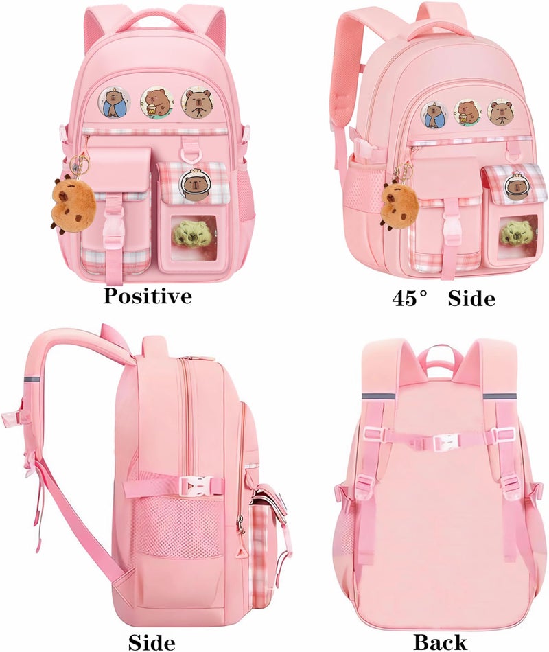 DHUENIOPE Capybara Backpack Cartoon backpack with Cute Pin Accessories Capybara Plush and Keychain Laptop Bag Casual Daypacks (PINK) - Image 5