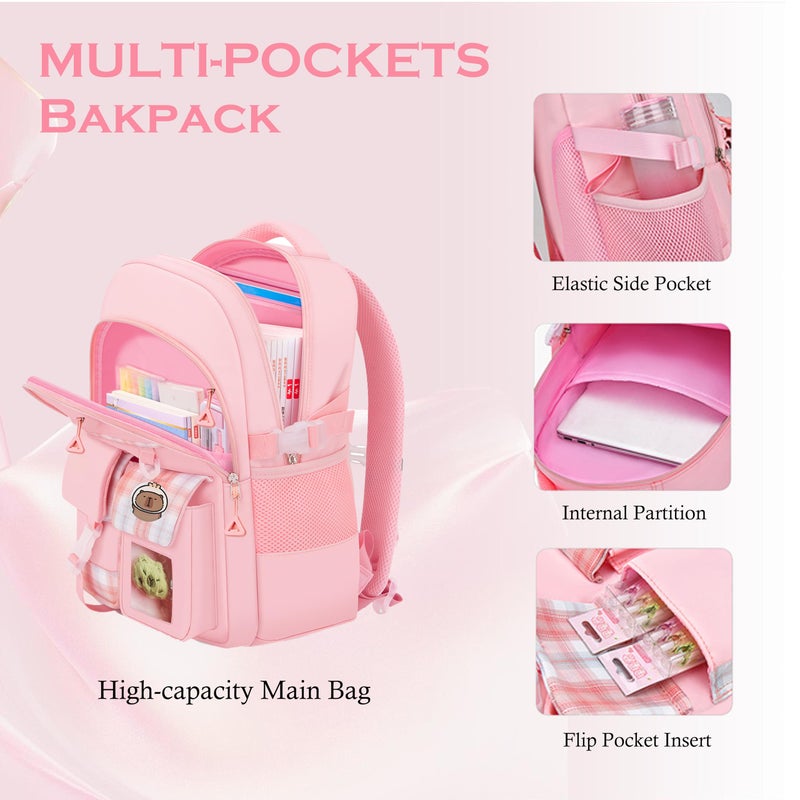DHUENIOPE Capybara Backpack Cartoon backpack with Cute Pin Accessories Capybara Plush and Keychain Laptop Bag Casual Daypacks (PINK) - Image 3