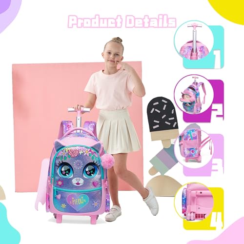 Meetbelify Rolling Backpack for Girls Backpacks with Wheels for Elementary School Students Kids 2 in 1 Travel Luggage Suitcase for Girls Age 8-10 - Image 4
