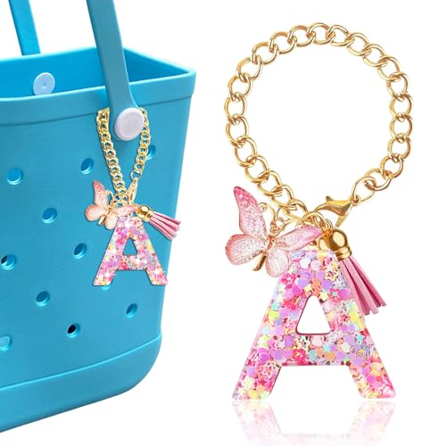 HLUWA Letter Keychains Charms for Bogg Bag, Alphabet Pink Sequin Decorative Letter Accessories Charms for Simply Southern Bag. (A) - Image 1