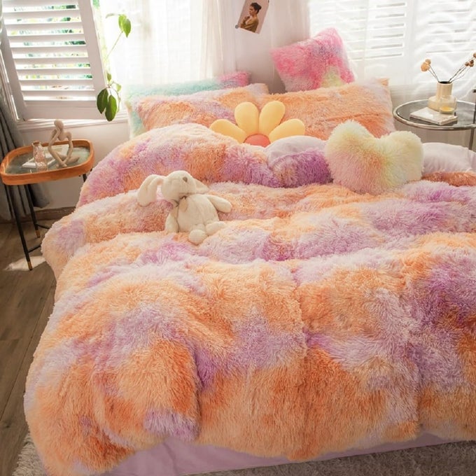 PLUSH SHAGGY DUVET COVER SET FOR GIRLS 3 PCS FLUFFY FULL SIZE BEDDING SETS FAUX FUR TIE DYE TEEN GIRL BED SET COLORFUL RAINBOW OMBRE COMFORTER COVER SET PINK ORANGE FULL