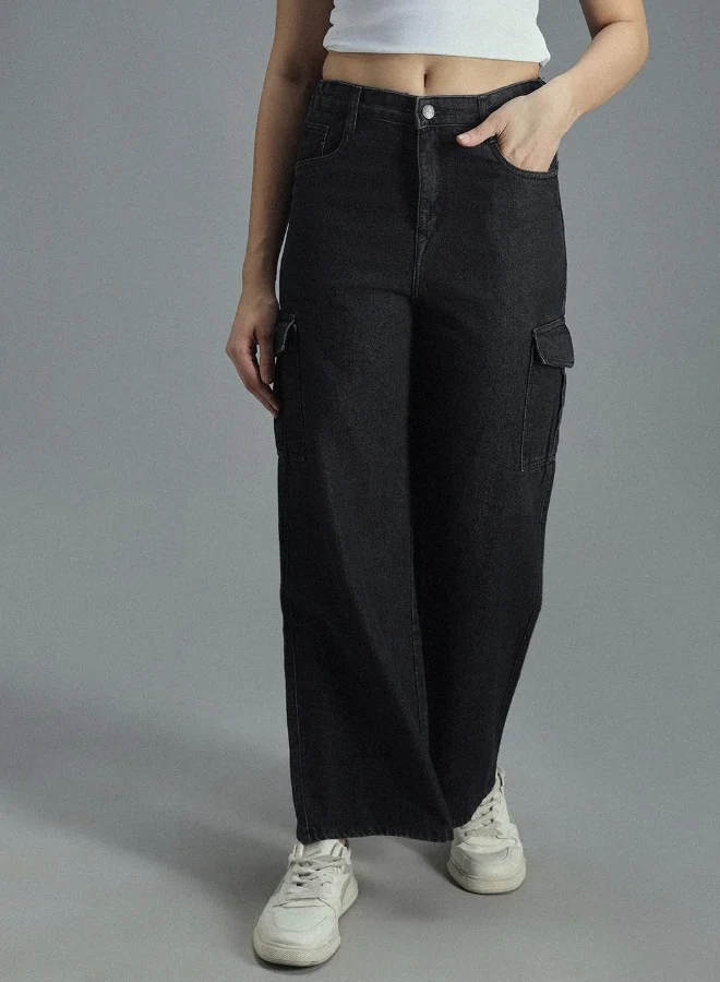 High Star Women's Black 100% Cotton Bleached Full Length Cargo Baggy Jeans