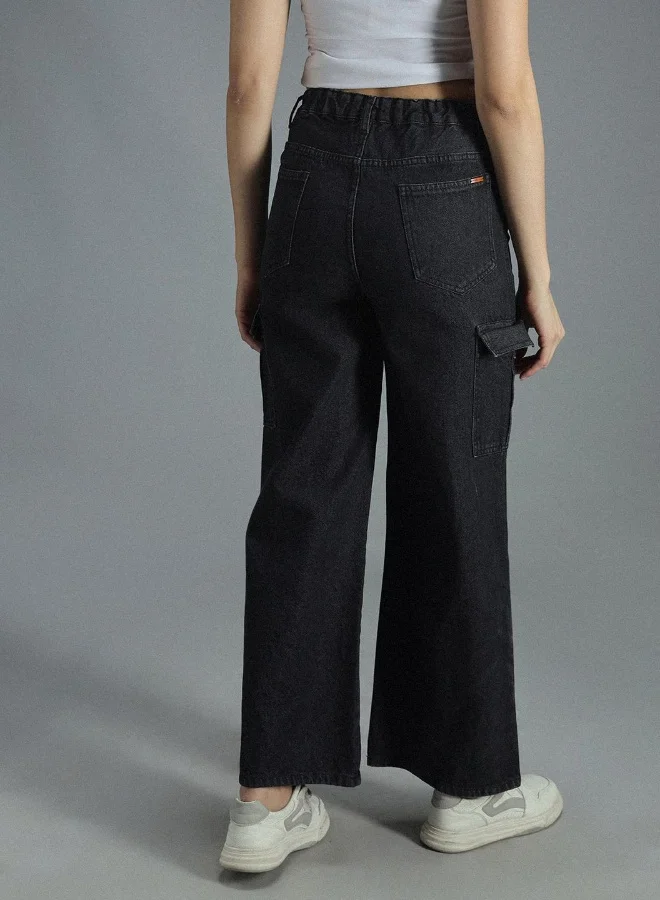 Women's Black 100% Cotton Bleached Full Length Cargo Baggy Jeans