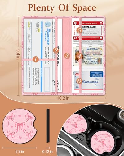 Slohif Car Registration and Insurance Card Holder - Bow Vehicle Glove Box Organizer Women with Magnetic Shut Leather Automobile License Holders Coasters Auto Accessories Case for Document - Image 2