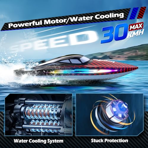 jogpun 30KMH RC Remote Control Boat with 7 LED Light Modes Waterproof Electric Fast Speed Boat for Adults Kids 812 Lake Pool Water PlaySelfrightingDemoWater Cooling20MinsLow Battery Alert24GhzRed - Image 5