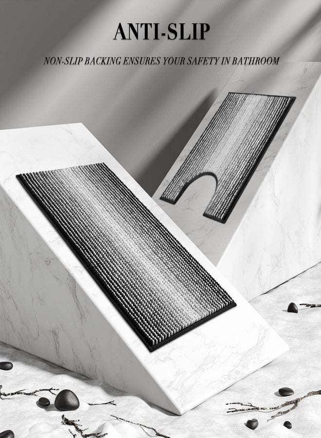 BSICPRO Bathroom Rugs Sets 3 Piece, Toilet Rugs U-Shaped Contour Bath Mat Set, Striped Absorbent Non Slip Chenille Shower Mats for Bathroom, Black - Image 4