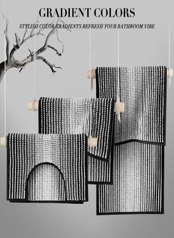BSICPRO Bathroom Rugs Sets 3 Piece, Toilet Rugs U-Shaped Contour Bath Mat Set, Striped Absorbent Non Slip Chenille Shower Mats for Bathroom, Black - Image 5