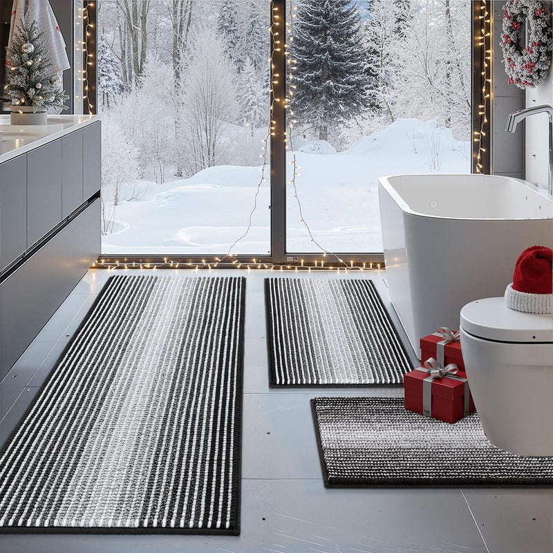 BSICPRO Bathroom Rugs Sets 3 Piece, Toilet Rugs U-Shaped Contour Bath Mat Set, Striped Absorbent Non Slip Chenille Shower Mats for Bathroom, Black - Image 1