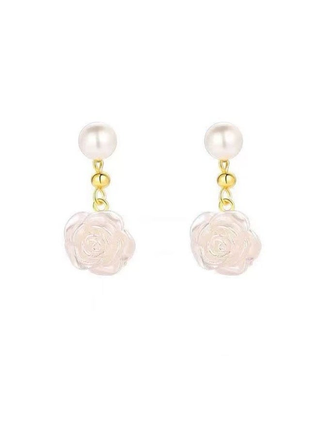Goolsky Fairy Camellia Pearl Stud Earrings – White Rose Pearl Earrings, Elegant Spring Fashion, S925 Silver Posts, Garden Parties/Daily Wear, Sweet Feminine Style - Image 3
