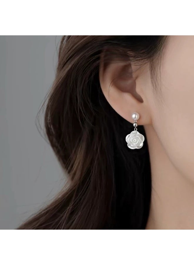 Goolsky Fairy Camellia Pearl Stud Earrings – White Rose Pearl Earrings, Elegant Spring Fashion, S925 Silver Posts, Garden Parties/Daily Wear, Sweet Feminine Style - Image 2