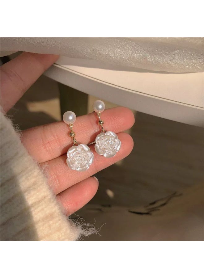 Goolsky Fairy Camellia Pearl Stud Earrings – White Rose Pearl Earrings, Elegant Spring Fashion, S925 Silver Posts, Garden Parties/Daily Wear, Sweet Feminine Style - Image 1