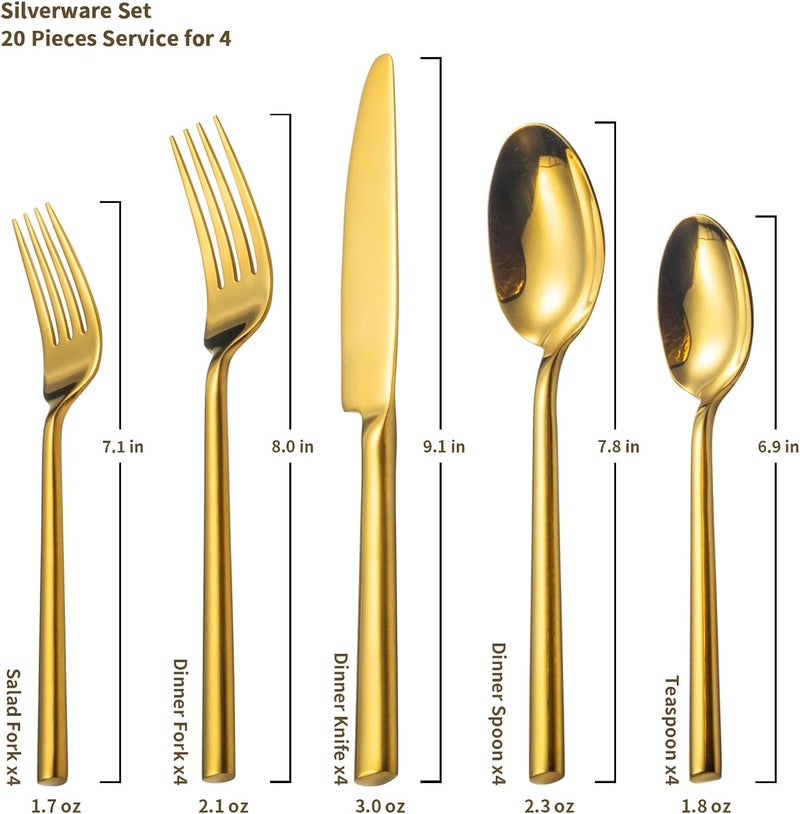 Alata Potter Gold 20Piece Forged Silverware Set with UtensilServing Set Service for 4 Stainless Steel Flatware Set Modern Design with Mirror Finish Ideal for Home Kitchen Party Camping - Image 5
