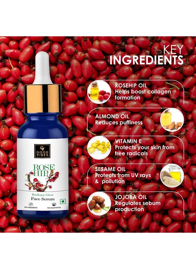 Good Vibes Rose Hip Radiant Glow Face Serum, 10 Ml Light Weight Non Greasy Moisturizing Anti Ageing Formula For All Skin Types, Corrects Dark Spots, Natural, No Parabens & Sulphates, No Animal Testing  - Image 2