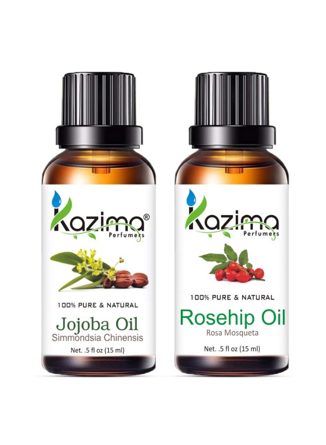 KAZIMA Combo of Jojoba Oil and Rosehip Oil - 100% Pure & Undiluted Oil for Acne, Wrinkles, Skin Moisturizing & Hair Growth, 15 ml each - Image 1