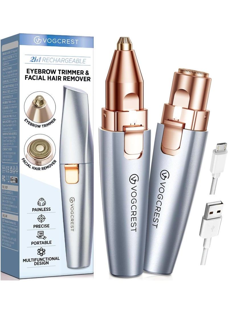 VG VOGCREST Eyebrow Facial Trimmer: 2 in1 Rechargeable Facial Hair Removal and Eyebrow Shaver - Face Lips Body Painless Facial Razor with Built-in LED Light (Sky Blue) 