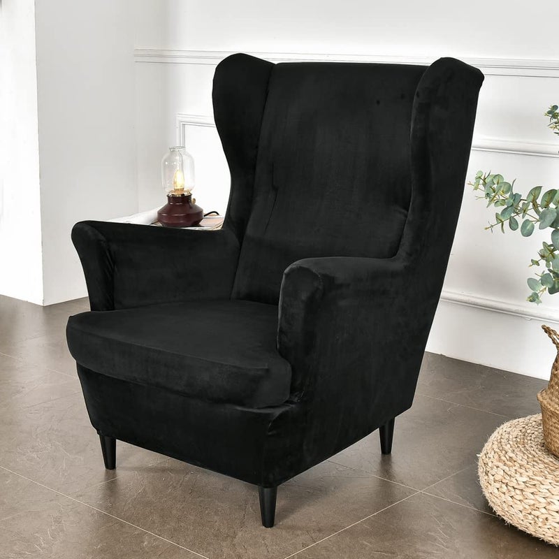 Highdi Wingback Chair Covers 2 Piece Stretch Wing Chair Slipcover Fashion Solid color Velvet Strandmon Sofa Cover Furniture Protector for Armchair Chairs Living Room Bedroom Hotel Black