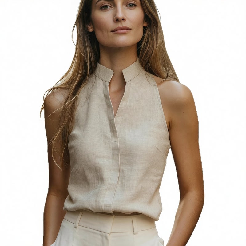 Sleeveless Blouse Women Casual Fashion Stand Collar Vest Top - Image 4