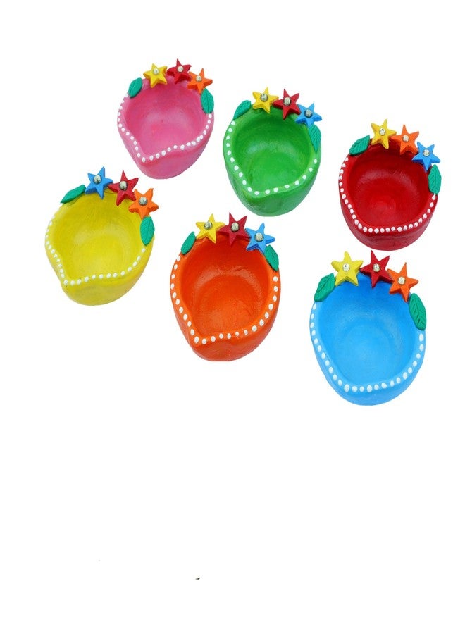 أديتري_كرييشن مجموعة من 6 مصابيح زيتية طينية مزخرفة على شكل نجمة، مثالية لتزيين المنزل والمكتب، ومناسبة للمهرجانات الهندية، وزينة عيد الميلاد، وأفكار هدايا مميزة للعام الجديد (الحجم: 1.5 بوصة). - Image 1