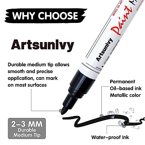 Artsunlvy Black Paint Pens Permanent Markers - 2 Pack Oil Based Quick Dry Waterproof Markers for Plastic, Tire, Rubber,Wood, Rocks, Metal, Canvas, Dark Surface,Craft Art Supplies,Medium Point - Image 5