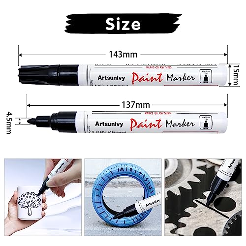 Artsunlvy Black Paint Pens Permanent Markers - 2 Pack Oil Based Quick Dry Waterproof Markers for Plastic, Tire, Rubber,Wood, Rocks, Metal, Canvas, Dark Surface,Craft Art Supplies,Medium Point - Image 3