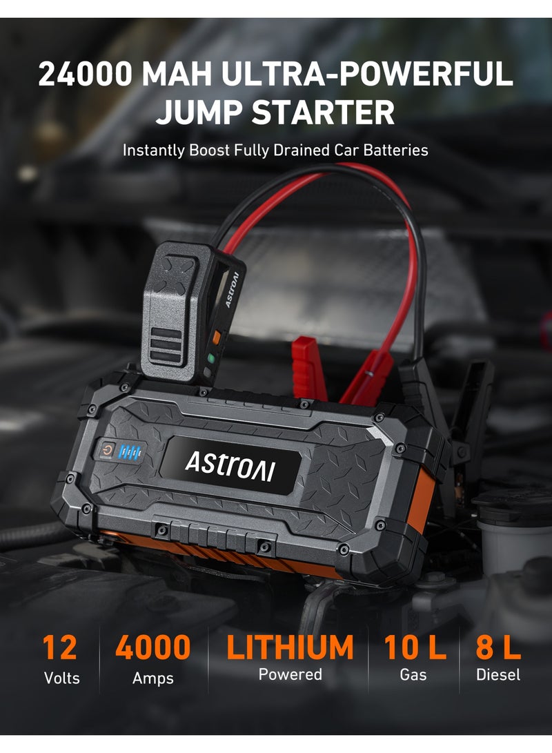 AstroAI S8 Ultra 4000A 88.8Wh  Car Jumper Starter Batteries Portable Car Jump Starter for Up to 10.0L Gas & 8.0L Diesel Engines Portable 12V Jump Box with USB Quick Charge and DC/Type C Port from USA for Gifts - Image 2