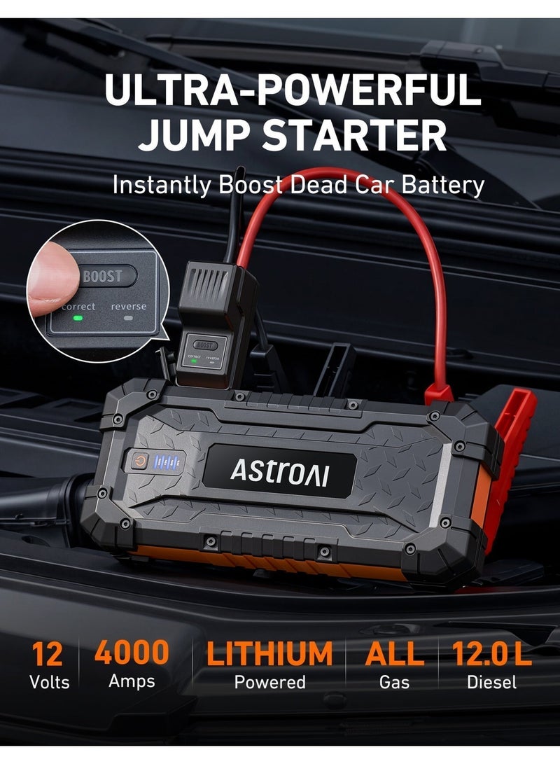 AstroAI S8 Ultra 4000A Car Jumper Starter Batteries Portable Car Jump Starters for Up to 10.0L Gas & 8.0L Diesel Engines Portable 12V Portable Jump Box with 3 Modes Flashlight Auto Battery Booster with Jumper Cable Father's Day Gift Present for Dad - Image 2