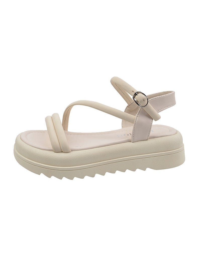 Generic - Thick Bottom Womens Sandals 2024 Summer New Style Korean Version One-Row Strap Sponge Heel Roman Sandals Wholesale Creamy-white - Image 1