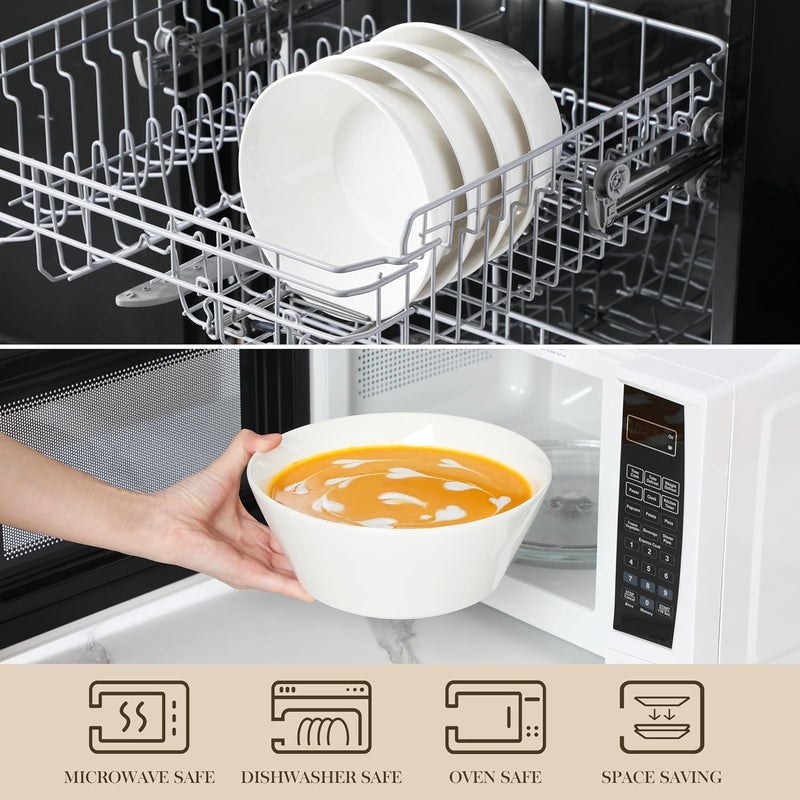 MALACASA Large Salad  Soup Bowls  Set of 4 60 OZ Porcelain White Bowls for Ramen Pasta Pho  Microwave  Dishwasher Safe - Image 4