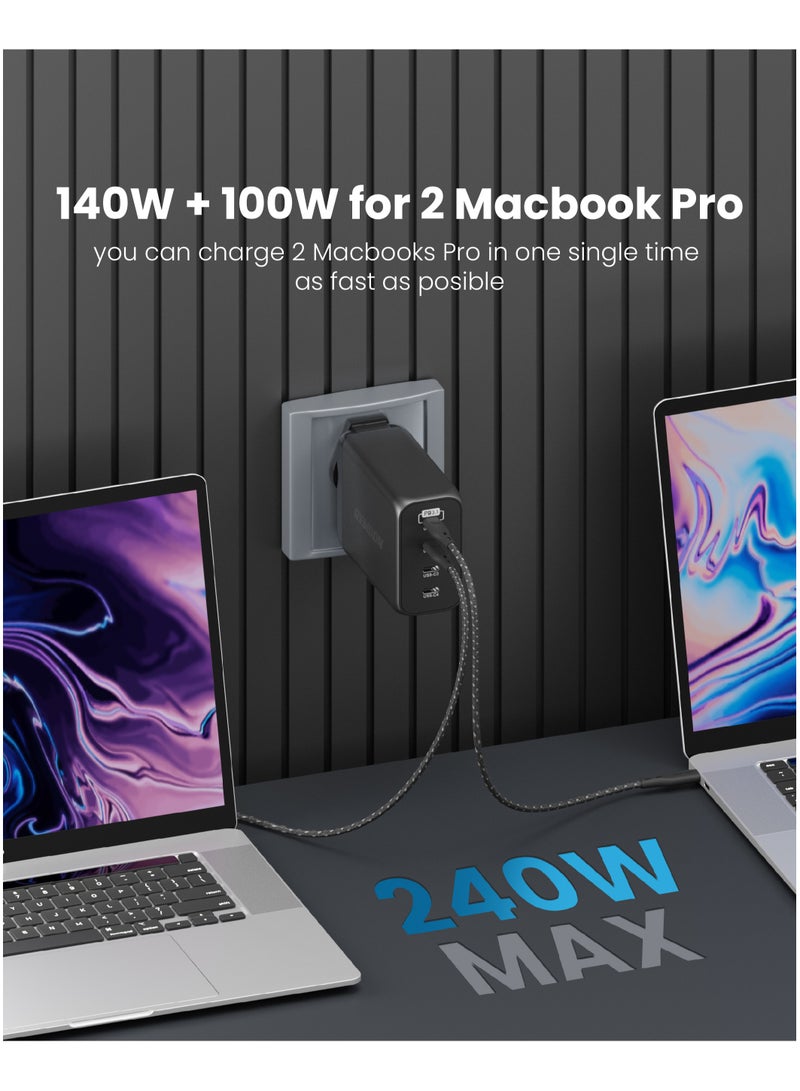 Remson شاحن ريمسون بريستو تشارج 240 واط PD GaN 2 5 منافذ USB-C محول طاقة حائط للشحن السريع متوافق مع آيفون 16/15/14/13/ميني/برو/برو ماكس/SE/11/XR/XS، سامسونج S22+/S22، ماك بوك برو/إير، آيباد وأجهزة اللابتوب - Image 4