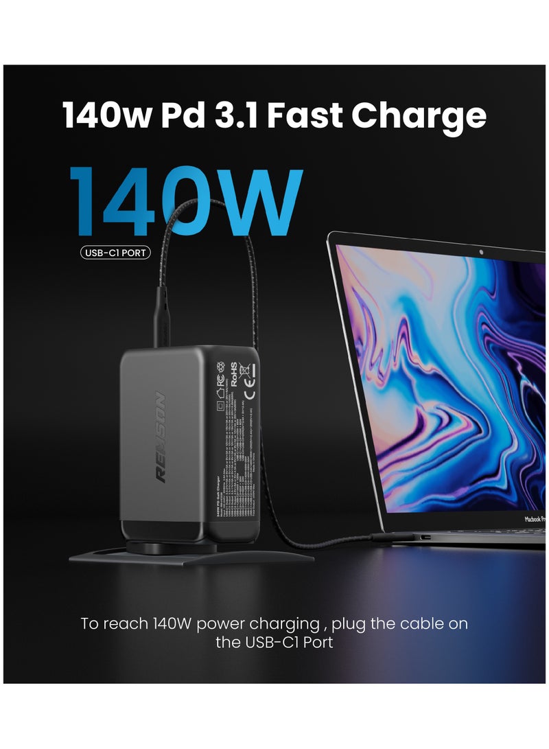 Remson شاحن ريمسون بريستو تشارج 240 واط PD GaN 2 5 منافذ USB-C محول طاقة حائط للشحن السريع متوافق مع آيفون 16/15/14/13/ميني/برو/برو ماكس/SE/11/XR/XS، سامسونج S22+/S22، ماك بوك برو/إير، آيباد وأجهزة اللابتوب - Image 3