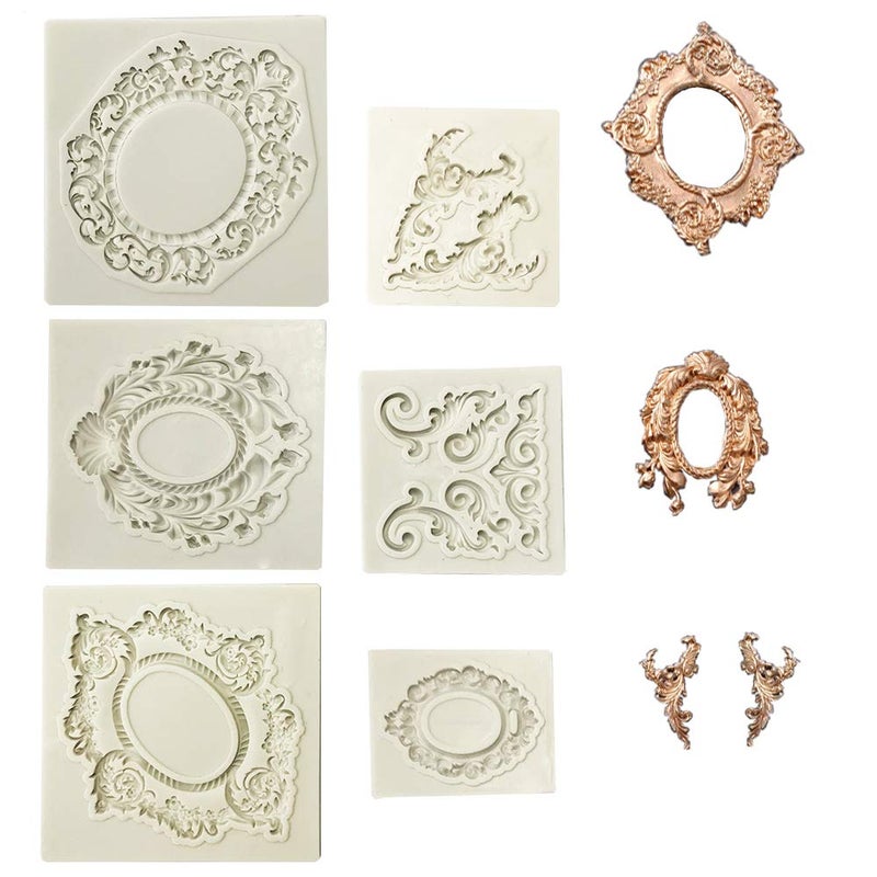 Juland 6 PCS Silicone Fondant Cake Mold Baroque Style Retro Photo Frame Mold for Sugarcraft, Cake Border Decoration, Cupcake Topper, Jewelry, Polymer Clay, Crafting Projects â€“ Gray - Image 1