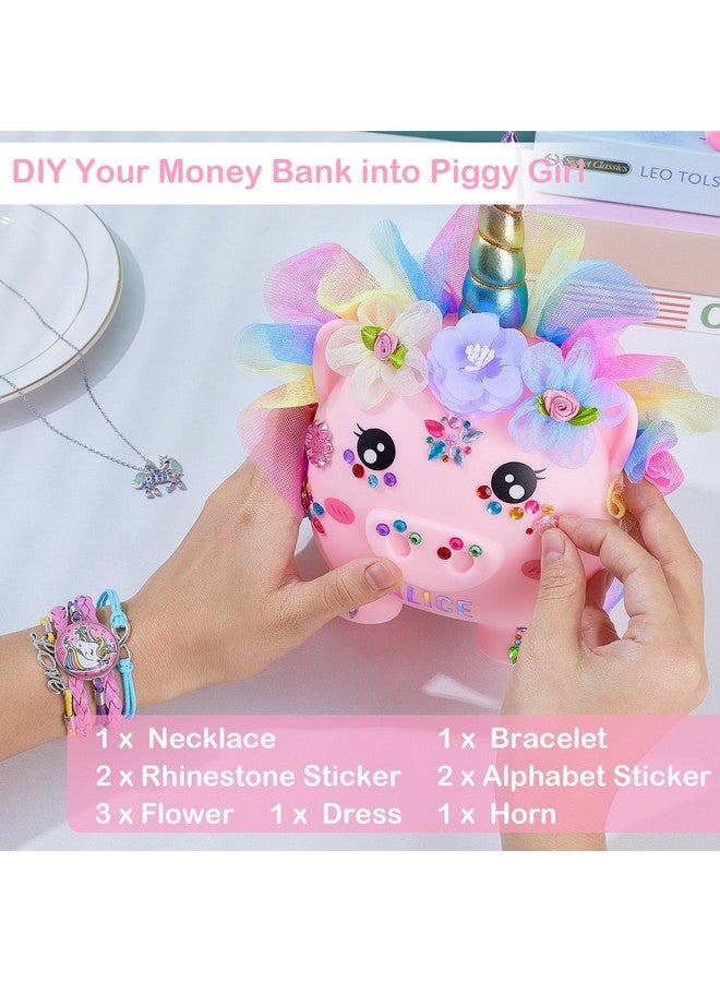 Play Tailor Piggy Bank for Girls Large Unicorn Piggy Banks with Necklace Bracelet DIY Stickers Cute Coin Piggybank Unbreakable for Toddler Kids Christmas Birthday Gifts, Pink with Rainbow Dress, M - Image 2
