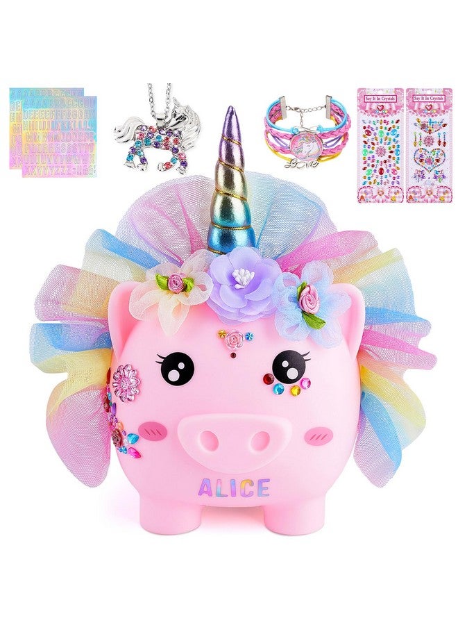 Play Tailor Piggy Bank for Girls Large Unicorn Piggy Banks with Necklace Bracelet DIY Stickers Cute Coin Piggybank Unbreakable for Toddler Kids Christmas Birthday Gifts, Pink with Rainbow Dress, M - Image 1