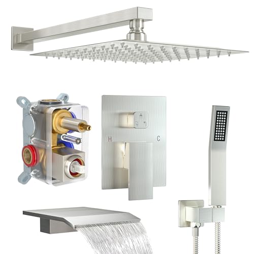 Fatspas Shower System with Tub Spout, Wall Mounted Shower Faucet Set for Bathroom with 12 Inch Rain Shower Head and Handheld Shower Head Set, Brushed Nickel - Image 1