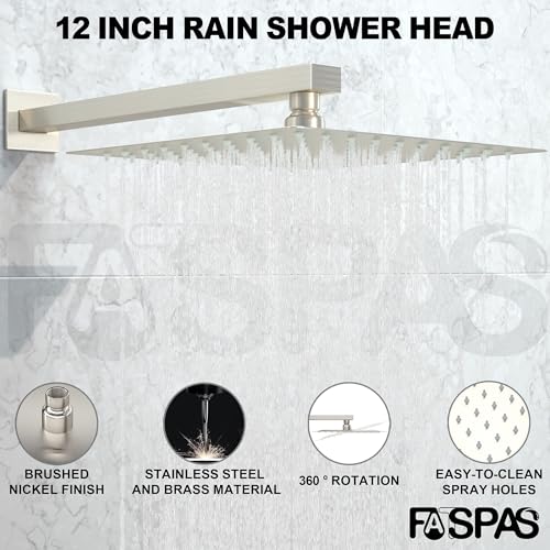 Fatspas Shower System with Tub Spout, Wall Mounted Shower Faucet Set for Bathroom with 12 Inch Rain Shower Head and Handheld Shower Head Set, Brushed Nickel - Image 2