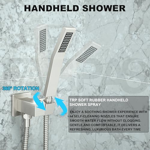 Fatspas Shower System with Tub Spout, Wall Mounted Shower Faucet Set for Bathroom with 12 Inch Rain Shower Head and Handheld Shower Head Set, Brushed Nickel - Image 3