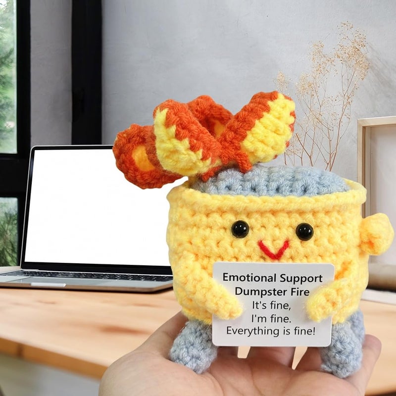 Rovyfota Emotional Support Crochet Dumpster Fire With Positive Card Cute Room Decor Knitted Toys Funny Crochet Support Buddies Gifts For Friends (Yellow) - Image 5