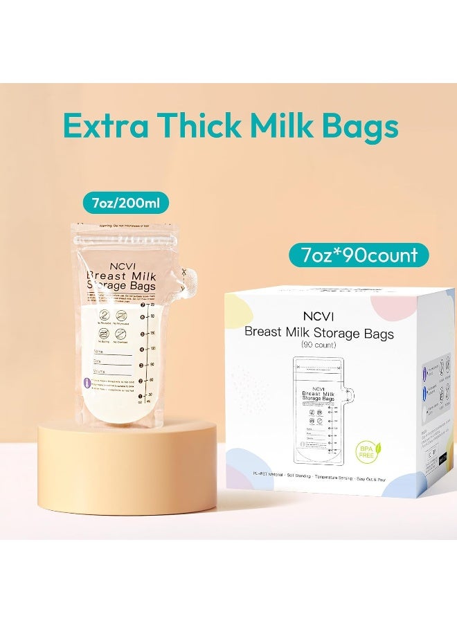 NCVI أكياس تخزين حليب الثدي NCVI، 90 كيس لتخزين الحليب للرضاعة الطبيعية، أكياس تخزين حليب الثدي سعة 7 أونصات مع استشعار درجة الحرارة، معقمة مسبقًا، قائمة بذاتها، فوهة سهلة الصب، مانعة للتسرب، خالية من BPA - Image 4