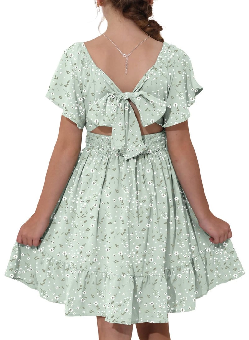 blibean Girls Summer Tie Back Dress Tween Kids Cute Boho Off Shoulder Flower Dresses Ruffle Formal Short Tulle Wedding Vestidos NiÃ±as Size 12-13 Years Old Floral Green - Image 1