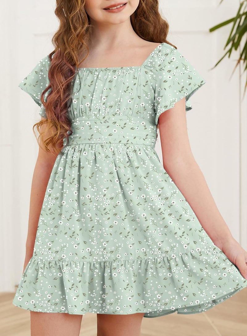 blibean Girls Summer Tie Back Dress Tween Kids Cute Boho Off Shoulder Flower Dresses Ruffle Formal Short Tulle Wedding Vestidos NiÃ±as Size 12-13 Years Old Floral Green - Image 2