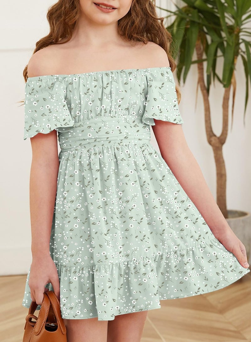 blibean Girls Summer Tie Back Dress Tween Kids Cute Boho Off Shoulder Flower Dresses Ruffle Formal Short Tulle Wedding Vestidos NiÃ±as Size 12-13 Years Old Floral Green - Image 4