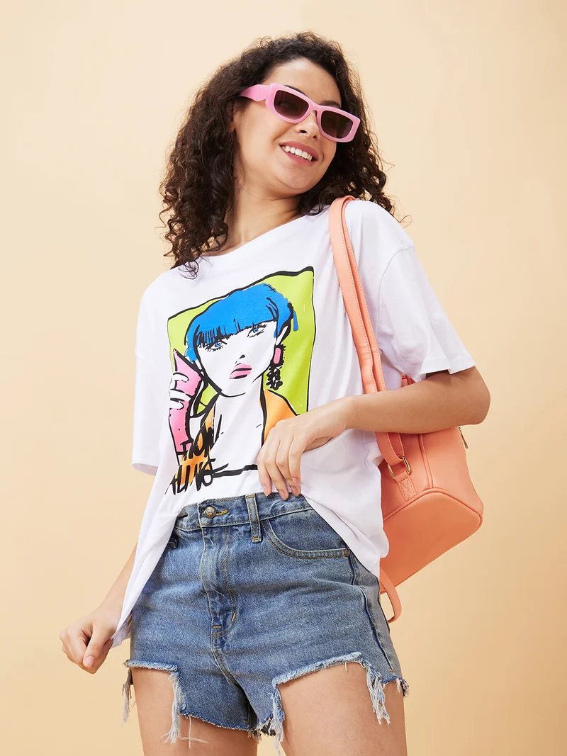 globus Women Graphic Printed Drop Shoulder Sleeves Pure Cotton Oversized T-Shirt