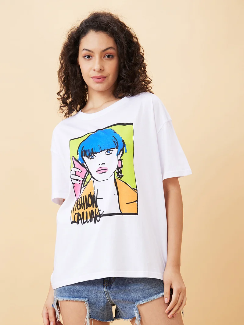 globus Women Graphic Printed Drop Shoulder Sleeves Pure Cotton Oversized T-Shirt