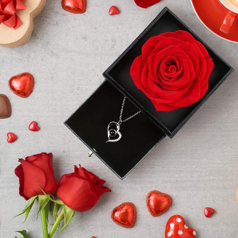 Lampostick Preserved Rose Mom Girlfriend Wife Real Rose Flower with I Love You Necklace in 100 Languages Valentines Day Anniversary Birthday Box for Women from Daughter Husband Son - Image 2
