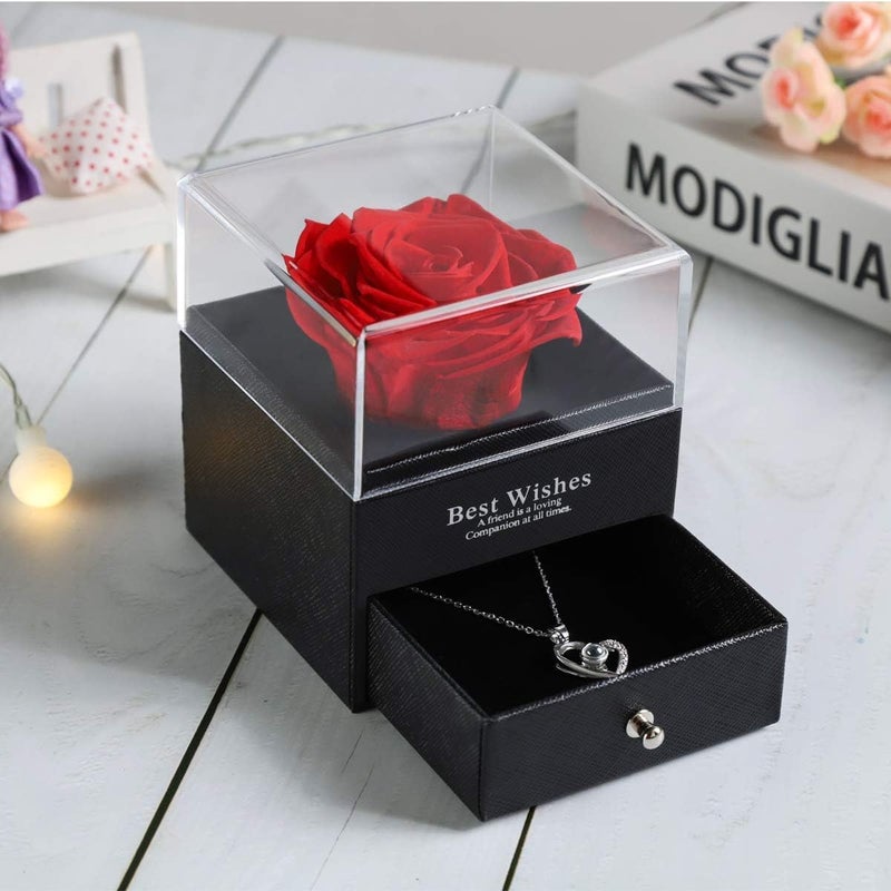 Lampostick Preserved Rose Mom Girlfriend Wife Real Rose Flower with I Love You Necklace in 100 Languages Valentines Day Anniversary Birthday Box for Women from Daughter Husband Son - Image 3