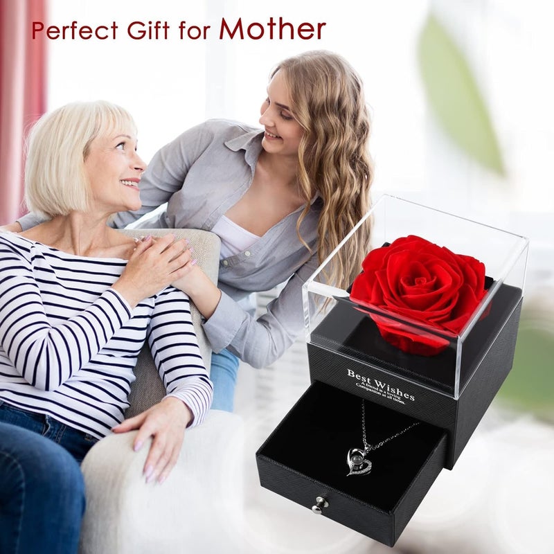 Lampostick Preserved Rose Mom Girlfriend Wife Real Rose Flower with I Love You Necklace in 100 Languages Valentines Day Anniversary Birthday Box for Women from Daughter Husband Son - Image 5