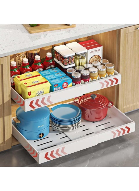 Pull Out Cabinet Organizer, Expandable Width(32-52cm) Heavy Duty Pull Out Drawers Cabinets Storage, No Punch Slide Out Drawer Cabinet Organization for Kitchen, Pantry, Bathroom (White-1 piece)