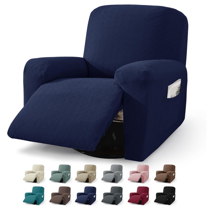 JIVINER 3 Piece Recliner Chair Cover Stretch Lazy Boy Non Slip Covers for Recliner with Pockets Soft Jacquard Reclining Sofa Slipcovers Furniture Protector with Elastic Bottom 1 Seater Navy Blue