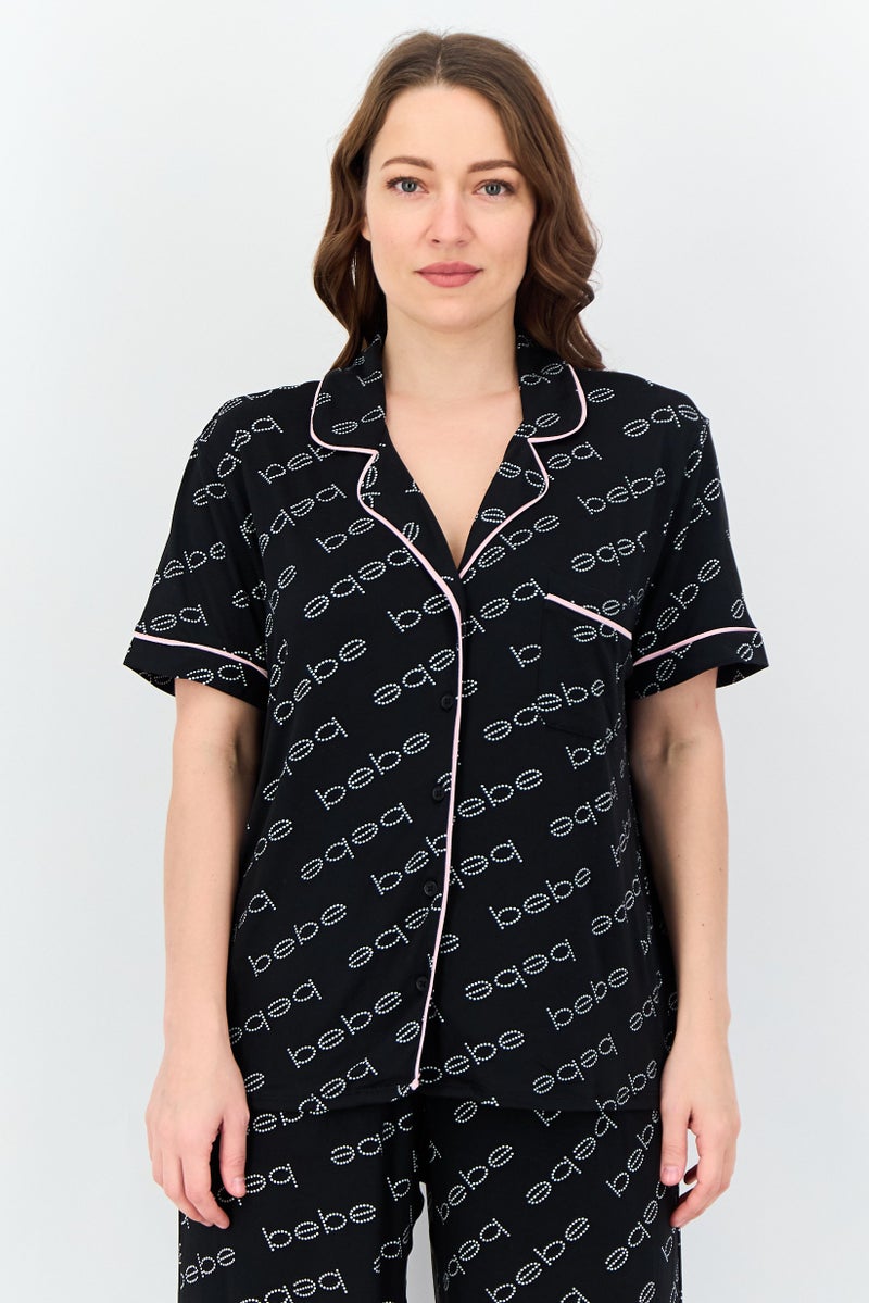 bebe Women 2 Pieces Sleepwear Pyjama Top and Pants Set, Black - Image 3